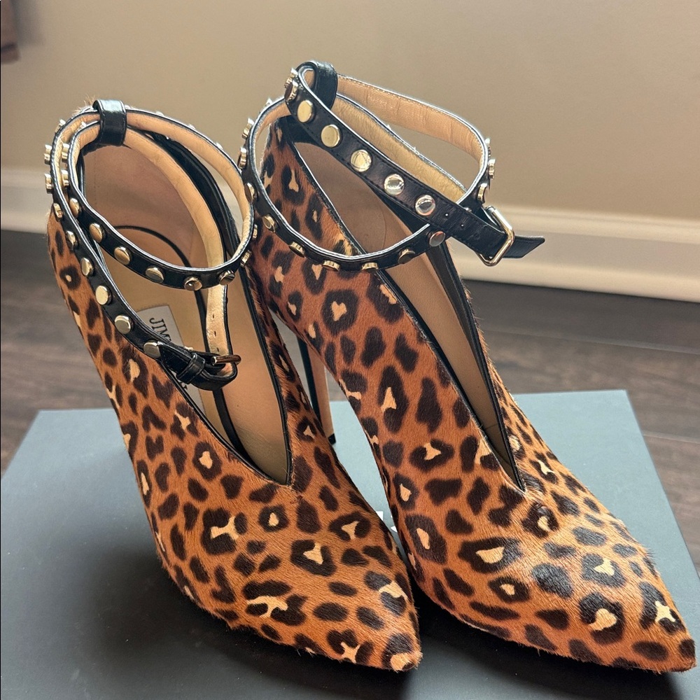 Jimmy Choo Leopard Print Heels with Black Studded Straps